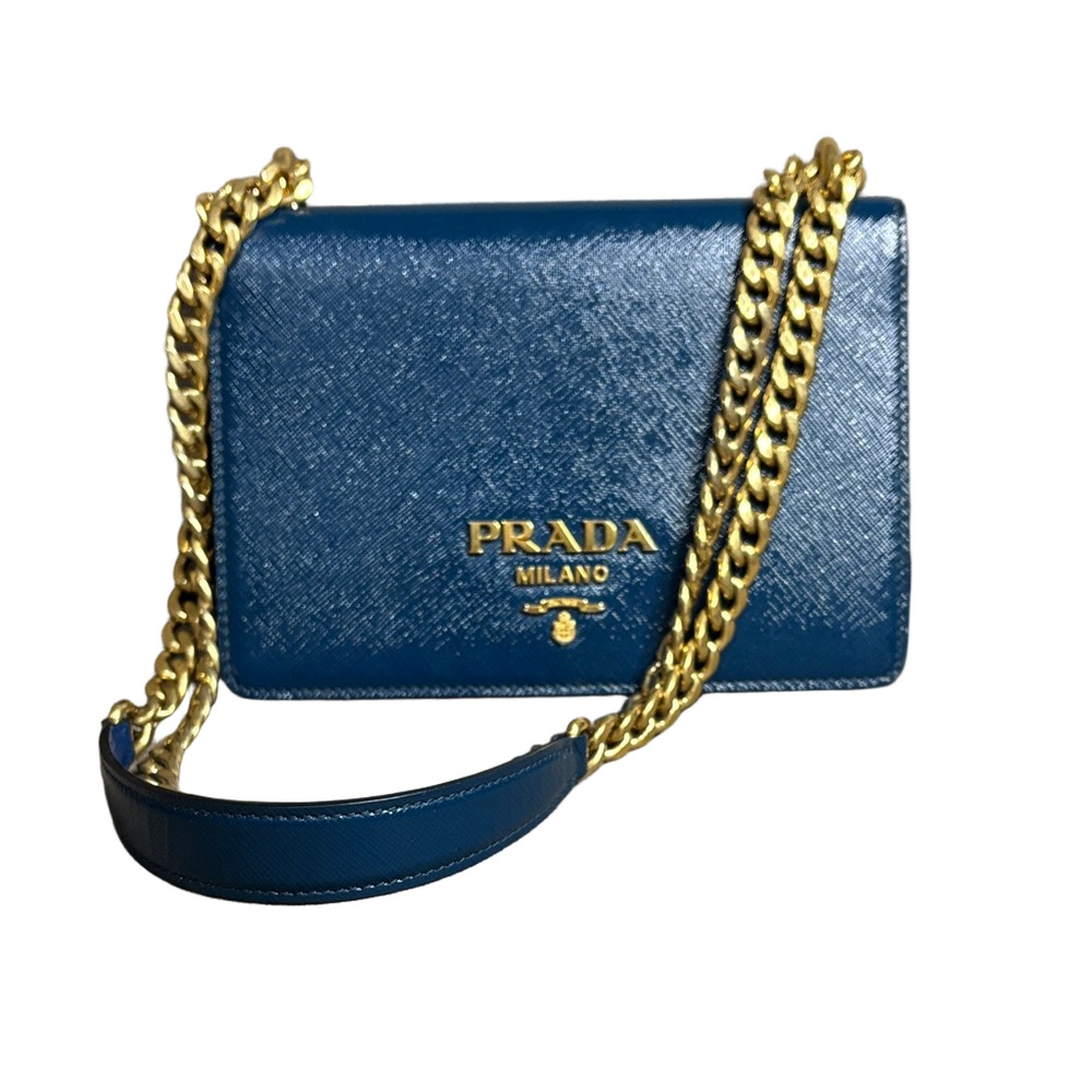 Prada Blue Saffiano Vernice Patent Leather Chain Crossbody Wallet Authentic